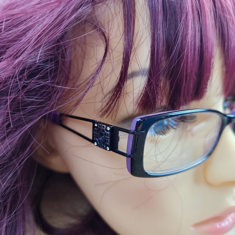 💜Vintage Rampage Black & Purple Eyeglasses & Leopard Hardshell Case - Picture 2 of 12